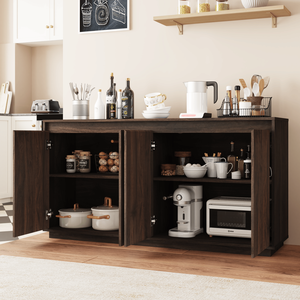 Credenza a 4 Ante in Legno di Noce con Presa di Corrente, Design con Texture Verticale Ondulata, Ante Senza Maniglie - Product Image 2