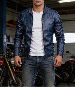 Men's Blue Cow Skin <b>Leather</b> Bomber <b>Jacket</b> Stand Collar Zipper Closure Slim Fit Regular Sleeve Solid Color <b>Winter</b> Wear Breathable - Product Image 1
