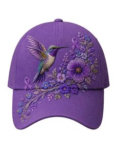 <b>Purple</b> Hummingbird Floral Embroidered Baseball Cap Unisex Adjustable 6-Panel 100% Polyester Breathable Waterproof Party Four - Product Image 3