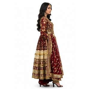 Traditional Indian Pakistani Women's Maroon <b>Gold</b> Afghan Kuchi Dress Floor Length Wedding Ethnic Wear Afghan Kuchi Dress - Product Image 4