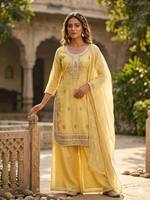 Ensemble Salwar élégant doré avec broderie miroir véritable et effet froissé, taille unique, avec dupatta, tenue ethnique pour fêtes et occasions spéciales, résistant à l'humidité