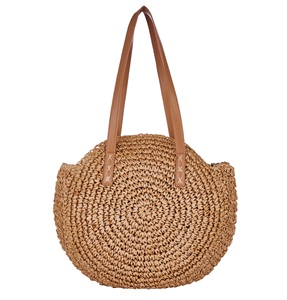 Sac cabas rond en paille tressée avec anses en cuir, style bohème, écologique, sac de plage et de voyage d'été pour femme - Product Image 1