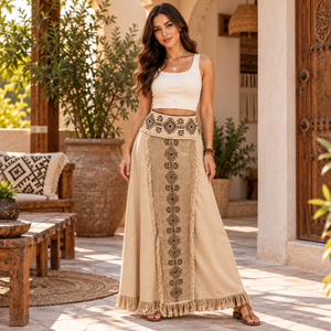 Natural Beige Artisan <b>Maxi</b> <b>Skirt</b> Ethnic <b>Prints</b> Fringe Hem Womens Boho | Lightweight Festival Beach Resort Casual Summer Clothing - Product Image 2