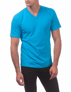 T-shirt décontracté chic pour homme, couleur turquoise, manches courtes, col en V, 100% coton, respirant, écologique - Product Image 3