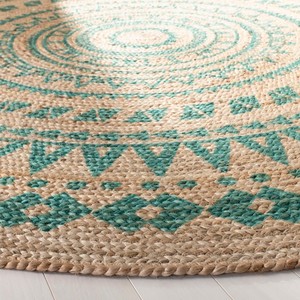 Tapis rond géométrique en jute fait main, style bohème, à poils ras, pour salon, motif vert naturel - Product Image 3