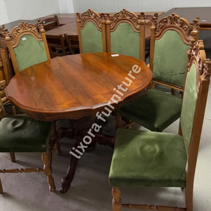 Luxury Handcrafted <b>Solid</b> <b>Wood</b> 6 Seater Round Dining <b>Table</b> Set Antique Victorian Style Green Velvet - Product Image 3
