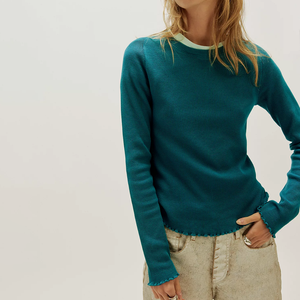 Fashionable Summer Women's Teal Knitted Crew Neck Sweater Full Sleeve Ruffle Hem Slim Fit Casual Top Solid <b>Waffle</b> Women T-Shirt - Product Image 1