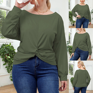 T-shirts à manches longues pour femmes grandes tailles, couleur unie, style décontracté, coupe irrégulière croisée, surdimensionnés, personnalisables en usine, collection automne - Product Image 5