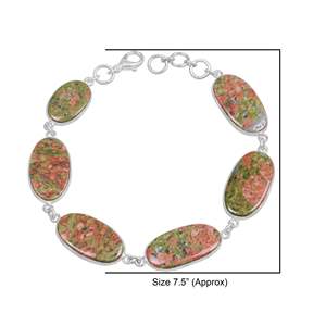 Brazalete de Moda Estilo Bohemio con Cadena de Piedras Preciosas de Unakita Natural Plateada, Unisex, Forma Ovalada, Alta Calidad, Vintage, Único - Product Image 1