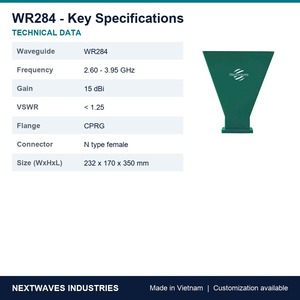 Nextwaves WR284 Corneta de Abertura de Guía de Onda Rectangular 2.60-3.95 GHz 15 dBi Tipo N Hembra con Brida CPRG para Laboratorio de RF - Product Image 2