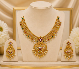 Conjunto Clásico de Collar y Aretes de Oro de 24K con Circonita y Perla de Agua Dulce, Diseño de Corazón, para Mujer, Joyería de Boda - Product Image 6