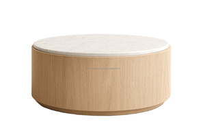 Mesa de Centro Moderna Redonda con Tapa de Mármol y Base de Madera, Mesa de Centro de Lujo de Madera de Roble y Mármol, Diseño Minimalista Premium - Product Image 1