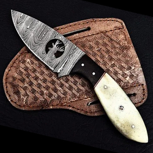 มีดล่าสัตว์เหล็กดามัสกัสแบบ OEM พร้อมด้ามจับทำจากกระดูกอูฐ, ใบมีดคงที่สำหรับตั้งแคมป์และกิจกรรมกลางแจ้ง EDC พร้อมปลอกหนัง - Product Image 1