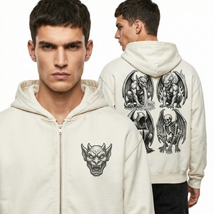 Custom Full <b>Zip</b> <b>Up</b> Hoodie Men <b>White</b> Cream Streetwear Gargoyle Graphic Print Oversized French Terry <b>Zip</b> Hoodie Manufacturer - Product Image 1