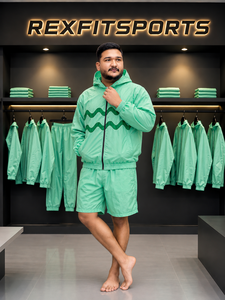 REXFIT SPORTS 2026 Ensemble short et veste coupe-vent à capuche zippée intégrale en nylon vert menthe pour homme avec empiècements ondulés, vêtements de sport personnalisés - Product Image 2