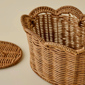 Rustic Farmhouse-Style Eco-Friendly Handmade Natural Handcrafted Multipurpose Rattan Scallop <b>Basket</b> Set <b>With</b> <b>Lid</b> - Product Image 2
