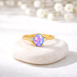 Minimalist Oval Lavender Fire <b>Opal</b> <b>Ring</b> October Birthstone <b>Ring</b> 925 Sterling Silver 18K <b>Gold</b> Filled Natural Gemstone Jewelry - Product Image 1