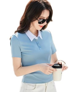 Camiseta Polo de Algodón Nueva de Verano, Cuello Polo de Color Sólido, Manga Corta, Cintura Alta, Estilo Corto, Corte Ajustado, Moda Casual para Mujer - Product Image 4