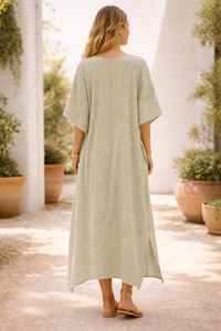 Women Olive Green Cotton <b>Kaftan</b> Dress Loose Fit Lounge Beach Maxi Dress - Product Image 6