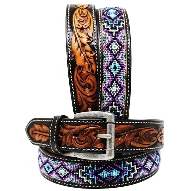 Custom Made 100% Genuine Western Beaded Cow Leather Belt With Floral Embossed Design Top Indian Wholesale Manufacturer