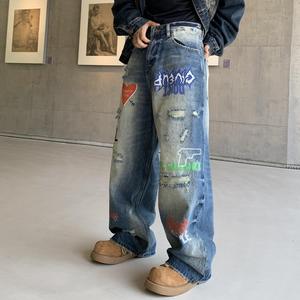 American High Street Digital Printed <b>Jeans</b> High Quality Relaxed Fit Hip Hop Wide Leg Straight Leg Casual Pants - Product Image 3
