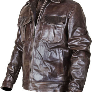 <b>Men's</b> Brown Genuine Leather Moto Biker <b>Jacket</b> Turn-down Collar Zipper Closure Regular Fit Autumn Wear - Product Image 3