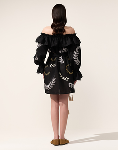 Women <b>Boho</b> Embroidered Cotton Mini <b>Dress</b> Black Leaf Print Off Shoulder Full Sleeve Tassel Tie Waist Short <b>Summer</b> <b>Dress</b> - Product Image 3