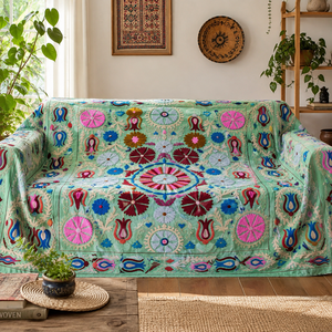 Couvre-lit en coton brodé Suzani fait main de luxe, motif floral multicolore turquoise, style bohème, décoration ethnique indienne pour la maison, vente en gros - Product Image 2
