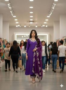 Conjunto de Tres Piezas de Ropa Étnica Festiva para Mujer, Top de Seda Romana Bordado, Pantalón y Dupatta de Organza Suave, Tallas M a XXL - Product Image 5