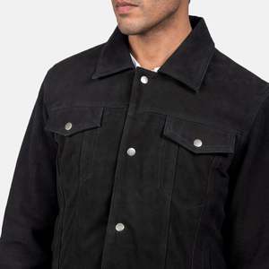 เสื้อแจ็คเก็ตเดนิมหนังกลับสีดำสำหรับผู้ชายจาก Relevo Industries ปกคอพับ สไตล์ลำลองสำหรับฤดูใบไม้ร่วง กระดุมแถวเดียว ทรงปกติสำหรับผู้ชาย - Product Image 6