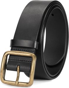 <b>Black</b> Cow Hide Leather <b>Belt</b> with Copper Rectangular Pin Buckle Casual Durable Design - Product Image 3