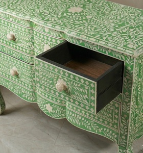 Green Mother of Pearl Inlay Solid Wood Hand Carved Accent <b>Sideboard</b> Floral Pattern Bedside <b>Storage</b> - Product Image 5