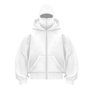Sudadera con Capucha Blanca para Hombre, Cierre de Cremallera, Corte Holgado, Color Sólido, Algodón French Terry, Manga Regular, para Otoño - Product Image 1