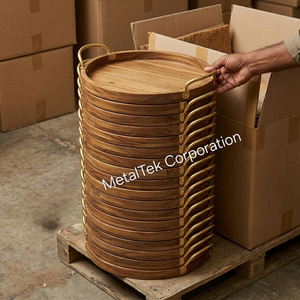 Plateau rond en bois d'acacia avec poignées dorées, grand plateau de service en bois, vaisselle décorative de luxe pour restaurants, plateaux écologiques - Product Image 5