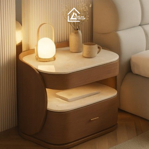 Modern Wooden <b>Bedside</b> <b>Table</b> with Drawer | Rounded Edge Nightstand | Japandi Style Bedroom Furniture - Product Image 1