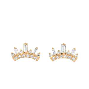 Pendientes de Oro Sólido de 14K con Mini Tiara y Diamantes Cultivados en Laboratorio, Corte Baguette y Redondo, Diseño Minimalista de Corona, Joyería Fina, Precio de Fábrica B2B - Product Image 5