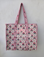 Sac fourre-tout matelassé en coton imprimé à la main de haute qualité avec fermeture éclair, motif floral traditionnel du Rajasthan, fait main pour femmes