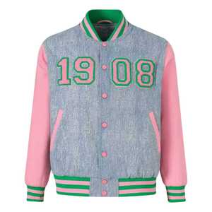 แจ็คเก็ตยีนส์ทรงบอมเบอร์ AKA 1908 สีชมพูเขียว ปักลายเชนีลตัวอักษรกรีก สไตล์วาร์ซิตี้สำหรับผู้หญิง คุณภาพพรีเมียม - Product Image 1