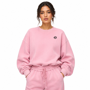 Women's Pink Oversized Sweatshirt Crew Neck Long Sleeve 100% Cotton Casual Pullover Drop Shoulder Autumn Winter Top OEM Supplier - Product Image 2