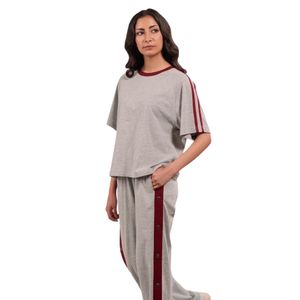<b>Women</b> Grey Two Piece <b>Lounge</b> Set Short Sleeve Top Matching Wide Leg <b>Pants</b> Burgundy Side Stripes Casual Sportswear Manufacturer - Product Image 1