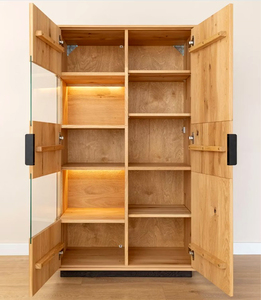 Buffet moderne en bois massif, écologique et durable, avec panneaux surélevés, découpes géométriques, vitrine à panneaux de verre, 5 pieds+, pour salon - Product Image 4