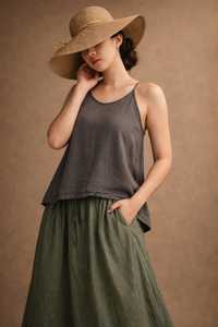 เสื้อกล้ามผ้าฝ้ายลินินสีเทาสำหรับผู้หญิง แบบไม่มีสาย สีพื้น เรียบง่าย ระบายอากาศได้ดี ทอแบบมีริ้ว ความยาวปกติ - Product Image 5