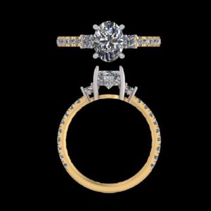 Bague de fiançailles à trois pierres en diamant taille ovale en or jaune 14k 18k avec bande pavée et accents de pierres latérales à halo caché - Product Image 3