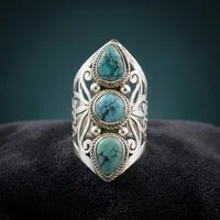 Bague Statement en Argent Sterling 925 avec Turquoise Tibétaine, Faite à la Main, Style Bohème Vintage, Bijou en Pierre Naturelle, Mode Féminine, Vente en Gros