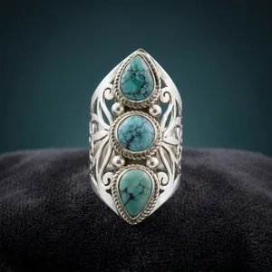 925 Sterling Silver Tibetan Turquoise Statement Ring Handmade Vintage Boho Jewelry Natural Gemstone Women's Fashion Wholesale - Product Image 5