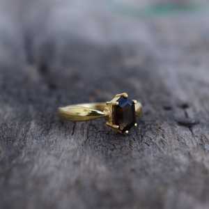 Smoky <b>Quartz</b> Signet <b>Ring</b> Hexagon Gemstone <b>Ring</b> 925 Sterling Silver 14K Gold Plated Statement Jewelry Gift For Mom - Product Image 6