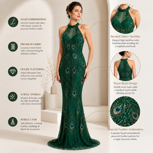 Vestido de Noche de Lujo Color Verde Esmeralda, con Lentejuelas y Cuentas, Cuello Alto, Moderno, para Fiesta Formal |   Ropa de Diseñadora para Mujer OEM India - Product Image 3