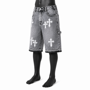 Pantalones Cortos Vaqueros Personalizados con Estampado Cruzado para Hombre, Estilo Vintage Lavado, Holgados, Streetwear, OEM ODM, Marca Privada, Venta al por Mayor - Product Image 4