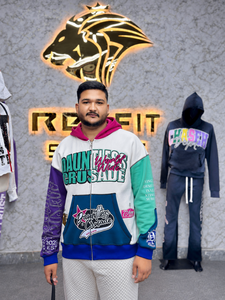 Sweat à capuche zippé surdimensionné pour homme Rexfit, style streetwear, imprimé, design color block, style automne - Product Image 1