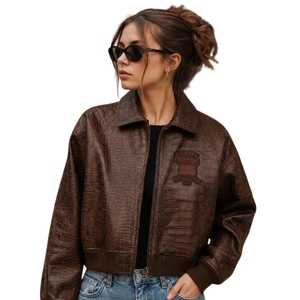 Chaqueta Bomber Corta de Cuero Genuino con Estampado de Cocodrilo Avirex, Diseño Nuevo y Grueso para Invierno, Venta al Por Mayor Personalizada |   Retro para Mujer - Product Image 2